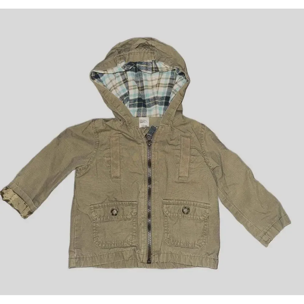 Carters Khaki Tan Utility Military Jacket Pocket Plaid Zip Up Coat Mid Weight 18